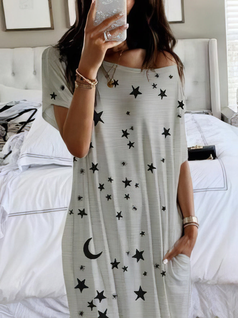 Star And Moon Print Short Sleeve Maxi Dress