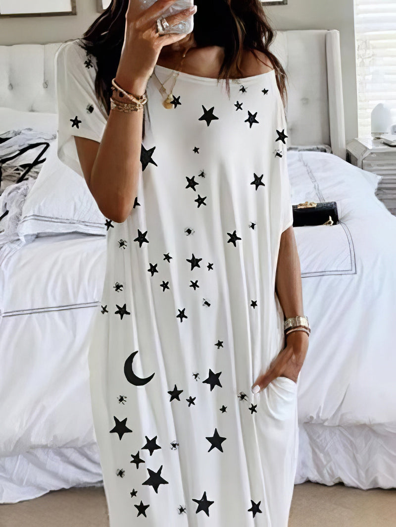 Star And Moon Print Short Sleeve Maxi Dress