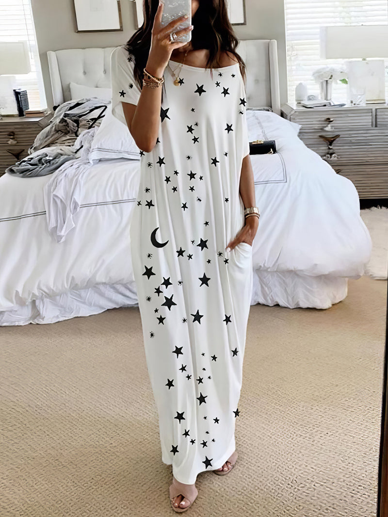 Star And Moon Print Short Sleeve Maxi Dress