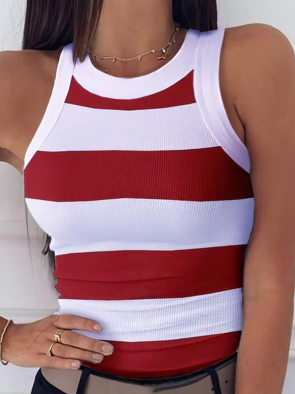 Striped Print Round Neck Casual Tank Top