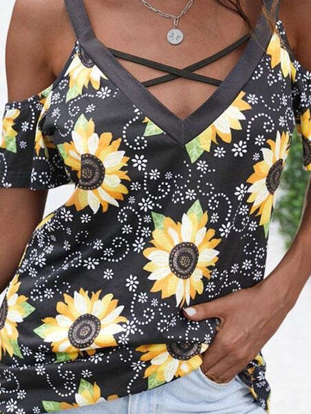 Sunflower Print Cold Shoulder Short Sleeves T-shirts - T-shirts - INS | Online Fashion Free Shipping Clothing, Dresses, Tops, Shoes - 15/07/2021 - 20-30 - color-black