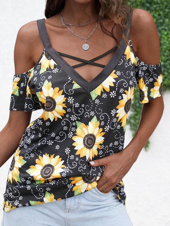 Sunflower Print Cold Shoulder Short Sleeves T-shirts - T-shirts - INS | Online Fashion Free Shipping Clothing, Dresses, Tops, Shoes - 15/07/2021 - 20-30 - color-black