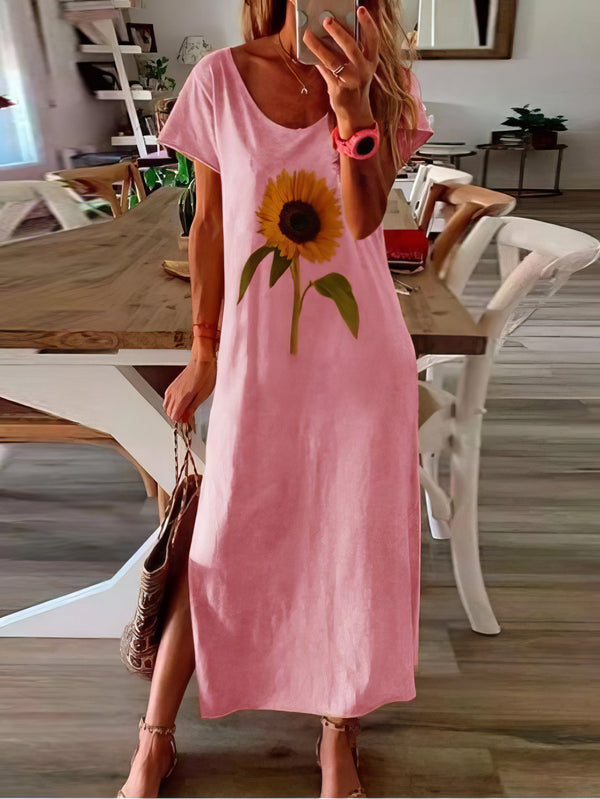 Sunflower Print Short-sleeved Slit Dress