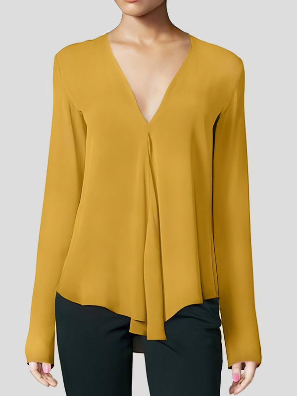 V-neck Long-sleeved Chiffon Solid Blouse