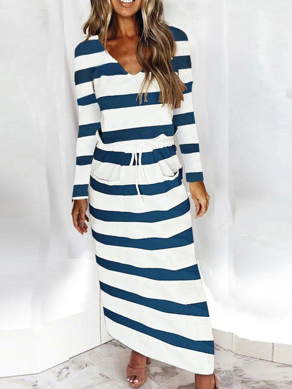 V-neck Loose Striped Print Long-sleeved Dress - MsDressly
