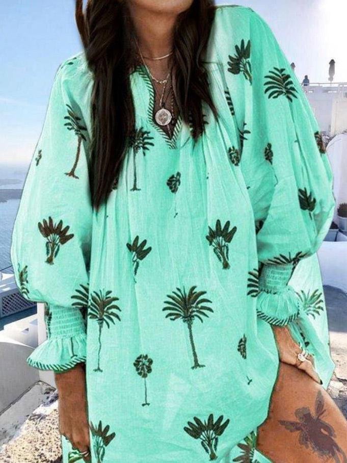 V-Neck Printed Lantern Long Sleeve Dress - Mini Dresses - INS | Online Fashion Free Shipping Clothing, Dresses, Tops, Shoes - 10-20 - 30/07/2021 - Category_Mini Dresses