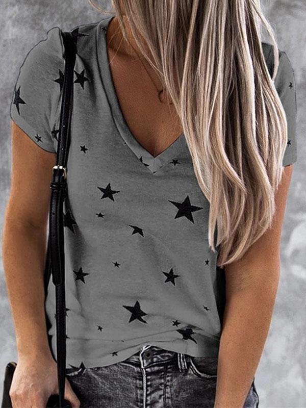 V-neck Star Print Short-sleeved T-shirt - MsDressly