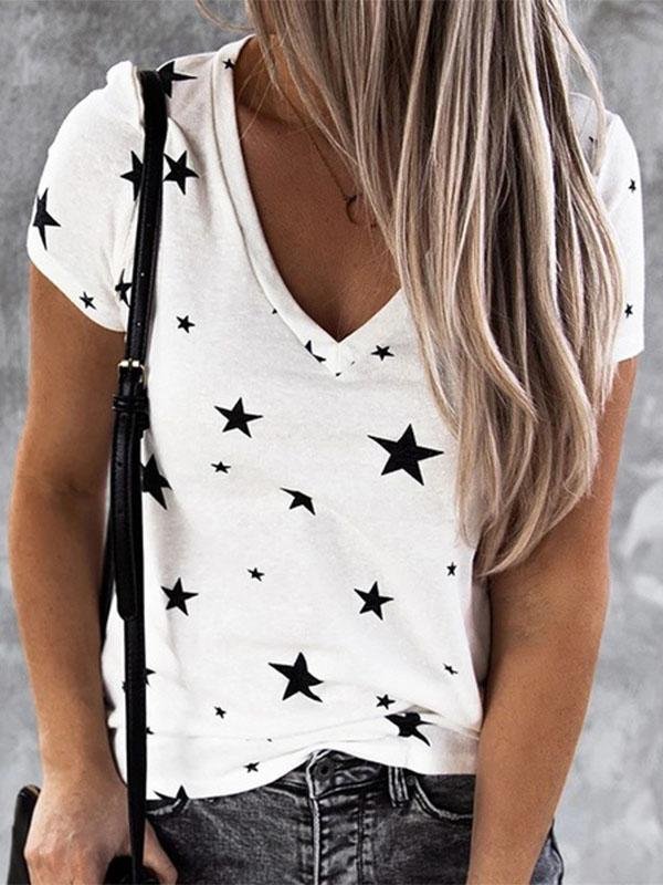 V-neck Star Print Short-sleeved T-shirt - MsDressly