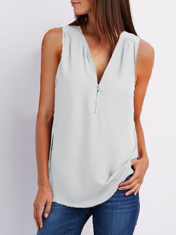 V-neck Zipper Sleeveless Loose Chiffon Vest - Tank Tops - INS | Online Fashion Free Shipping Clothing, Dresses, Tops, Shoes - 08/07/2021 - color-black - color-gray