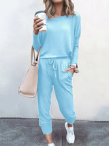 Women Solid Color Long Sleeve Long Pants Pajamas Set