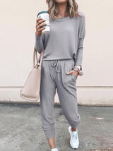 Women Solid Color Long Sleeve Long Pants Pajamas Set