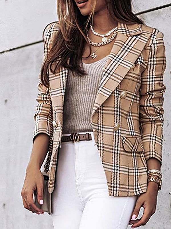 Blazers Women's Blazers Double-Breasted Plaid Printed Long Sleeve Blazer MsDressly