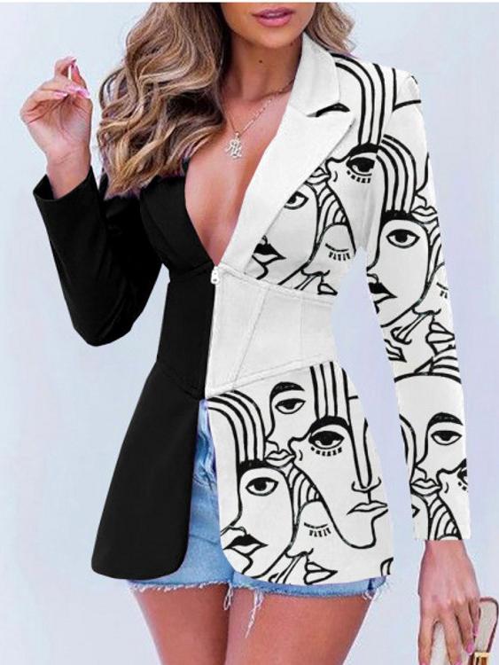 Women's Blazers Printed Lapel Zip Long Sleeve Blazer - MsDressly