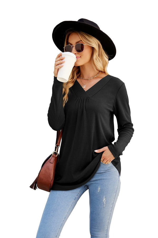 Women's Blouses Long Sleeve Pleated V Neck Blouse - MsDressly