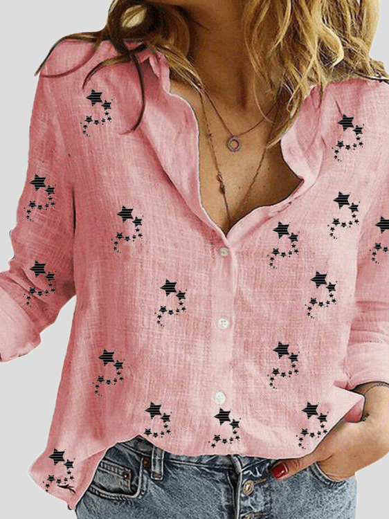 Women's Blouses Small Star Print Button Long Sleeve Blouse - MsDressly