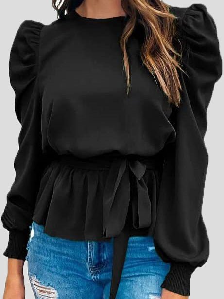 Women's Blouses Solid Tie Puff Long Sleeve Blouse - Blouses - Instastyled | Online Fashion Free Shipping Clothing, Dresses, Tops, Shoes - 08/09/2022 - BLO2209081864 - Blouses