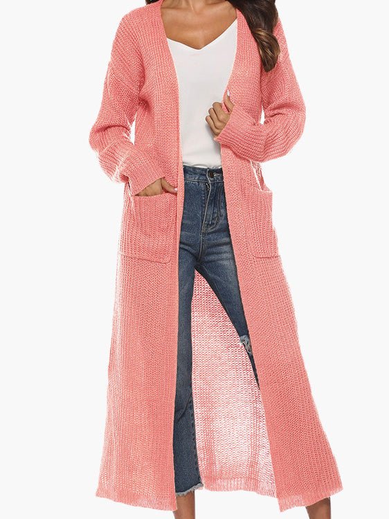 Women's Cardigans Solid Pocket Slit Long Sweater Cardigan - MsDressly