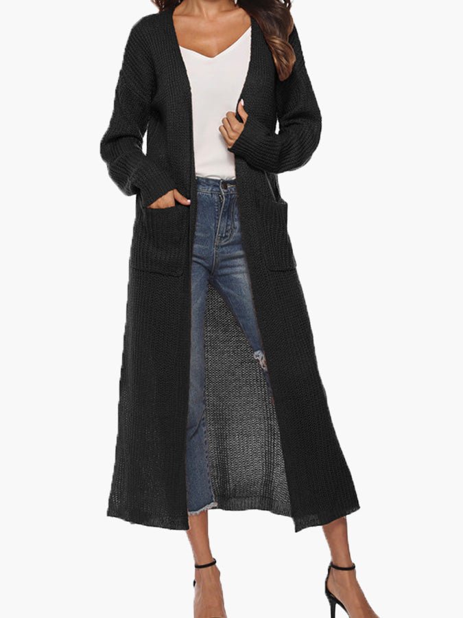 Women's Cardigans Solid Pocket Slit Long Sweater Cardigan - MsDressly