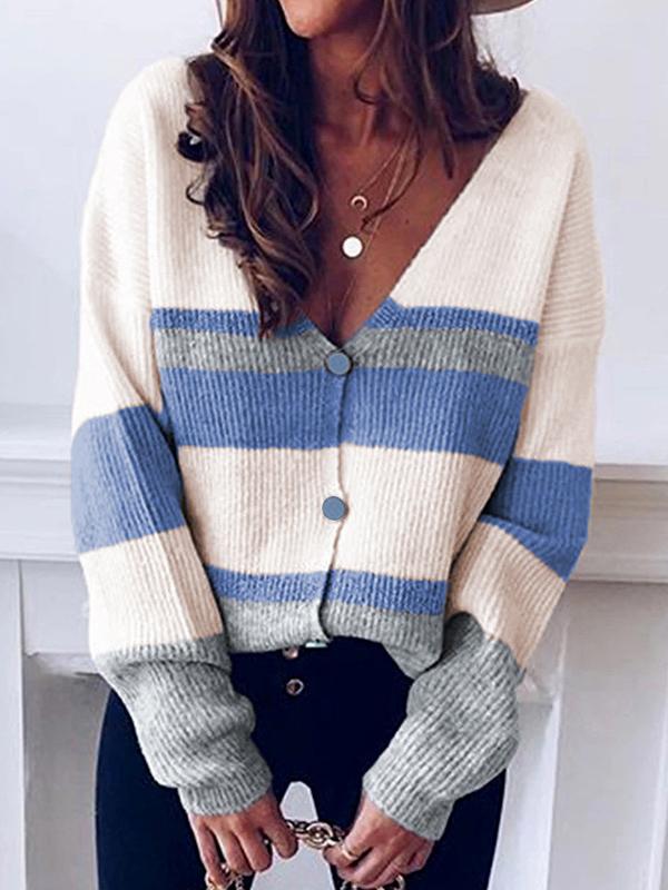 Women's Cardigans V-Neck Button Striped Sweater Cardigan - Cardigans & Sweaters - INS | Online Fashion Free Shipping Clothing, Dresses, Tops, Shoes - 03/11/2021 - 30-40 - CAR2111031177