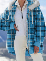 Women's Coats Check Print Plush Zip Hoodie Coat - MsDressly
