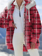 Women's Coats Check Print Plush Zip Hoodie Coat - MsDressly