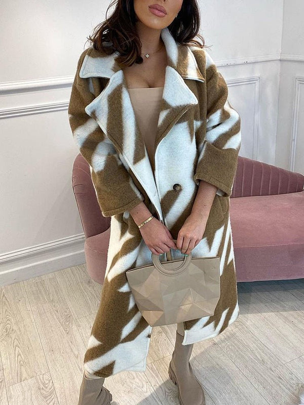 Women's Coats Color Block Long Sleeve Notched Lapel Printed Coat - MsDressly