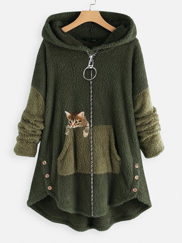 Women's Coats Cute Hooded Zipper Cat Printed Coat - MsDressly