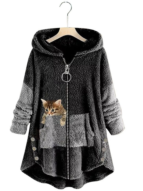 Women's Coats Cute Hooded Zipper Cat Printed Coat - MsDressly