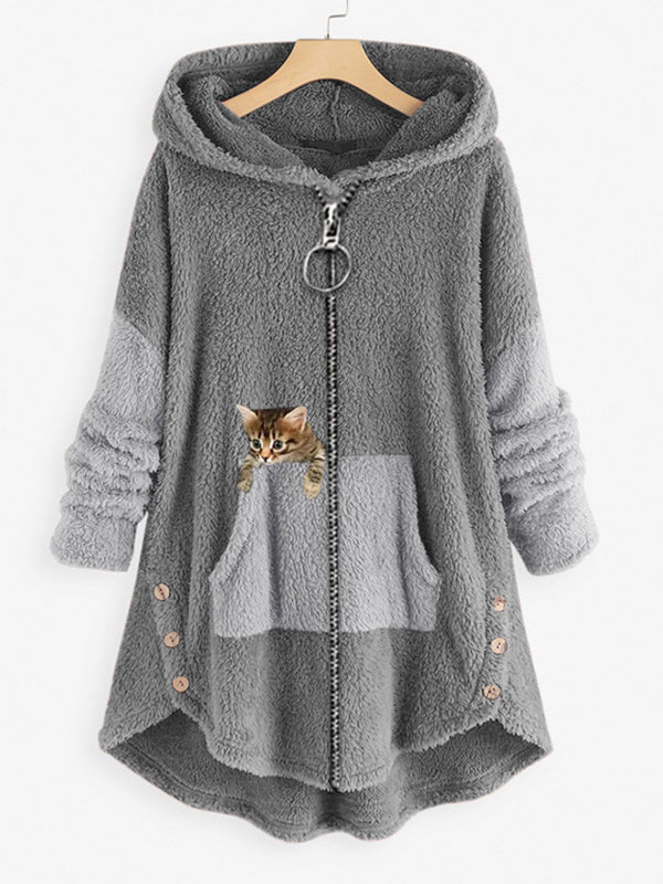 Women's Coats Cute Hooded Zipper Cat Printed Coat - MsDressly