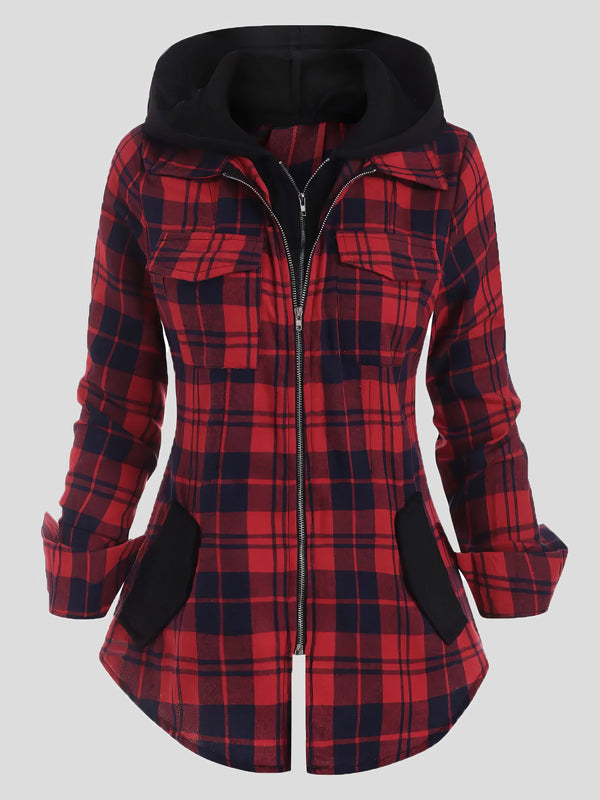 Women's Coats Plaid Pocket Zipper Long Sleeve Hooded Coats