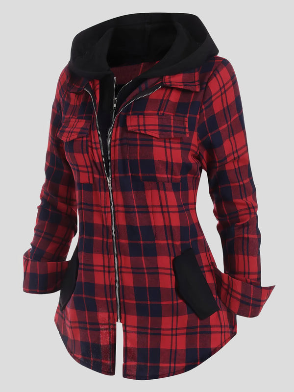 Women's Coats Plaid Pocket Zipper Long Sleeve Hooded Coats