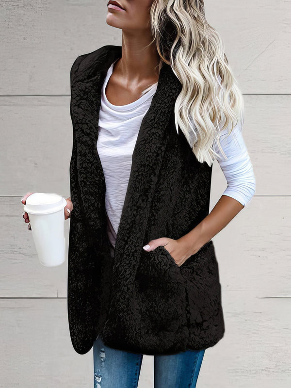 Coats Women's Coats Solid Sleeveless Hooded Pocket Fur Vest MsDressly