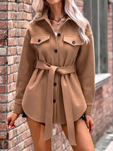 Women's Coats Woolen Strap Button Pocket Coat - MsDressly