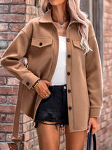 Women's Coats Woolen Strap Button Pocket Coat - MsDressly