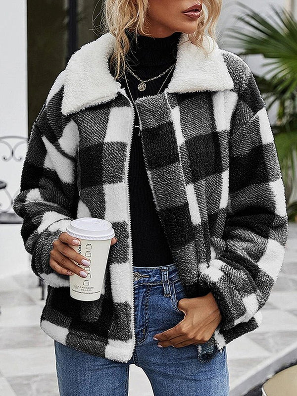 Women's Coats Zip Up Lapel Collar Plaid Coat - Coats - Instastyled | Online Fashion Free Shipping Clothing, Dresses, Tops, Shoes - 4/1/2023 - COA2301040002 - Coats