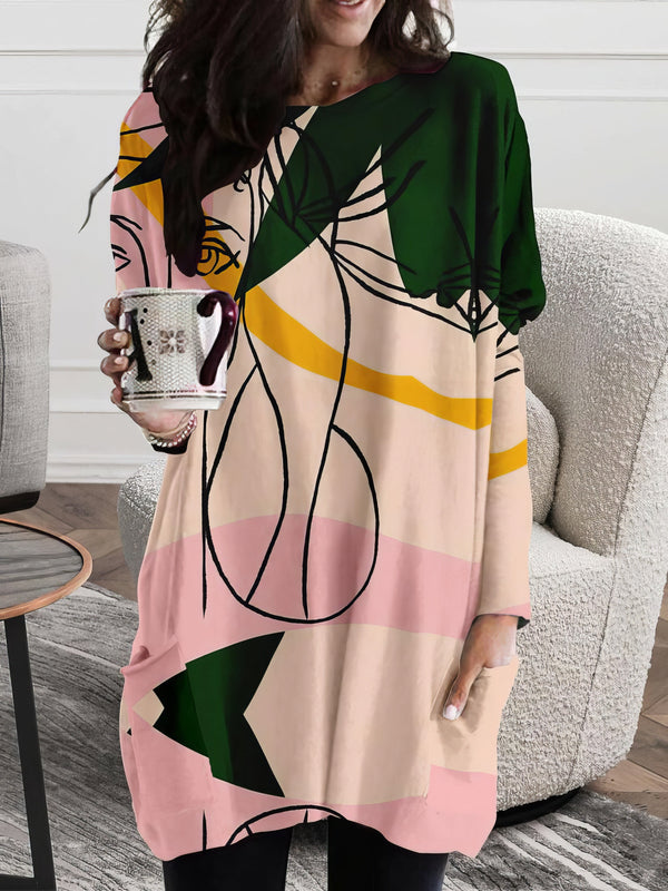 Mini Dresses Women's Dresses Abstract Face Print Round Neck Pocket Long Sleeve Dress MsDressly