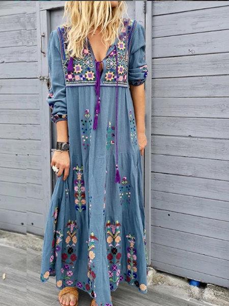 Women's Dresses Bohemian Drawstring Long Sleeve Dress - Maxi Dresses - INS | Online Fashion Free Shipping Clothing, Dresses, Tops, Shoes - 13/10/2021 - 30-40 - color-blue