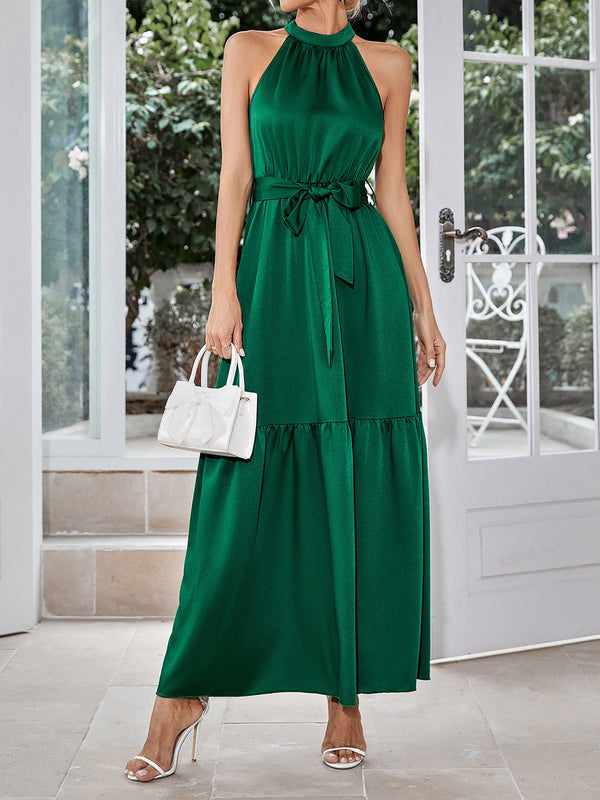 Women's Dresses Casual Neck Hanging Solid Color Waist Closing Maxi Dress - MsDressly