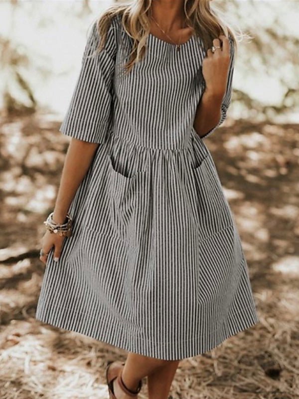 Women's Dresses Crewneck Striped Pocket Casual Dress - Midi Dresses - Instastyled | Online Fashion Free Shipping Clothing, Dresses, Tops, Shoes - 12/07/2022 - Casual Dresses - Color_Gray