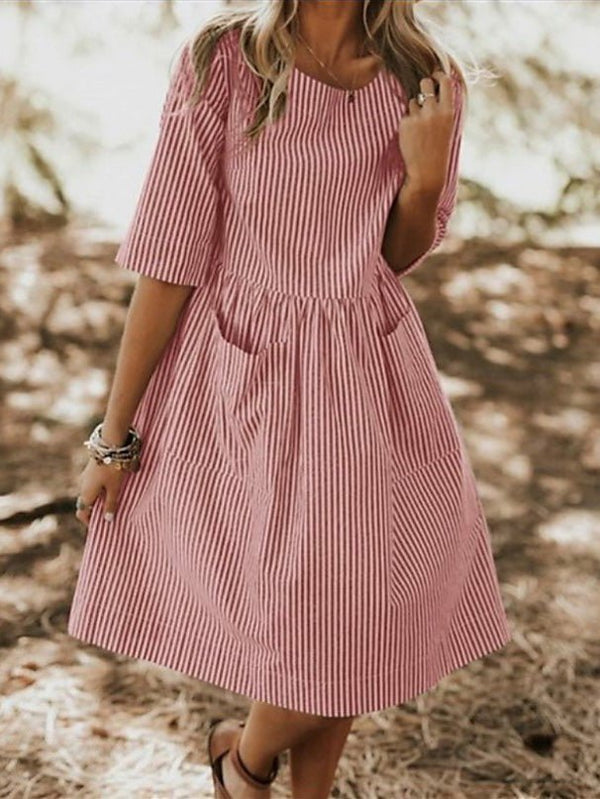 Women's Dresses Crewneck Striped Pocket Casual Dress - Midi Dresses - Instastyled | Online Fashion Free Shipping Clothing, Dresses, Tops, Shoes - 12/07/2022 - Casual Dresses - Color_Gray