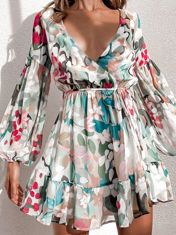 Women's Dresses Deep V-Neck Printed Long Sleeve Ruffle Dress - Mini Dresses - Instastyled | Online Fashion Free Shipping Clothing, Dresses, Tops, Shoes - 30-40 - color-multi - color-multicolor