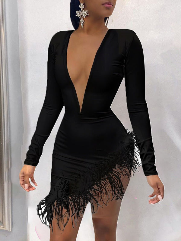 Women's Dresses Feather Stitching Deep V-Neck Slim Dress - Mini Dresses - Instastyled | Online Fashion Free Shipping Clothing, Dresses, Tops, Shoes - 13/08/2022 - Bodycon Dresses - Color_Black