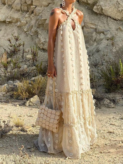 Women's Dresses Halter Neck Three-Dimensional Flower Cake Dress - Maxi Dresses - Instastyled | Online Fashion Free Shipping Clothing, Dresses, Tops, Shoes - 08/02/2022 - Casual Dresses - color-beige