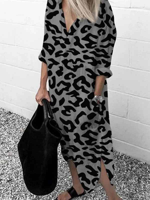 Women's Dresses Leopard Print V-Neck Split Long Sleeve Dress - MsDressly