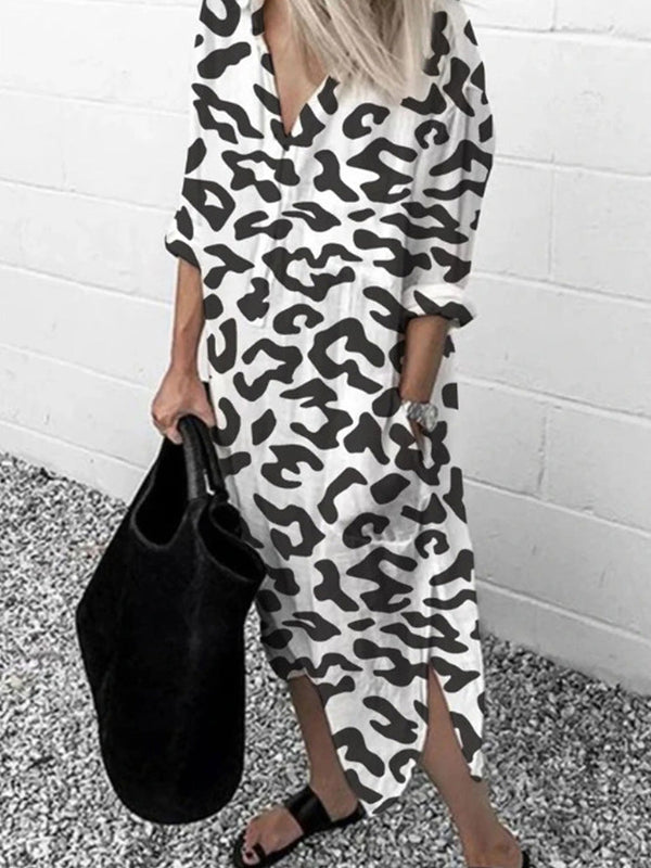 Women's Dresses Leopard Print V-Neck Split Long Sleeve Dress - MsDressly