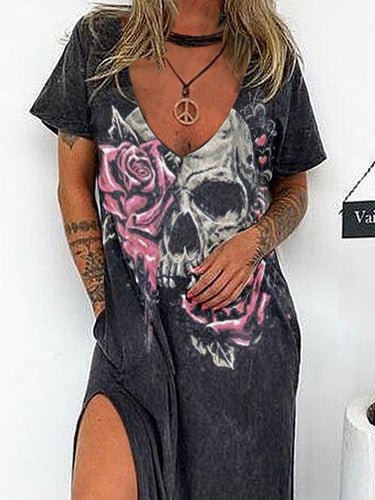 Women's Dresses Loose Skull Print Short Sleeve Slit Dress - Maxi Dresses - Instastyled | Online Fashion Free Shipping Clothing, Dresses, Tops, Shoes - 29/07/2022 - 30-40 - casual-dresses
