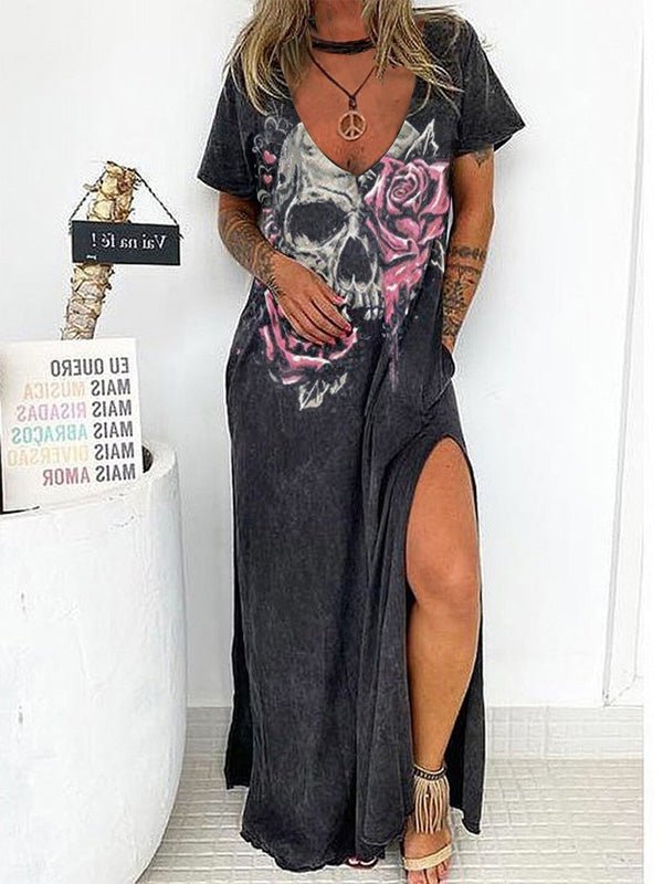Women's Dresses Loose Skull Print Short Sleeve Slit Dress - Maxi Dresses - Instastyled | Online Fashion Free Shipping Clothing, Dresses, Tops, Shoes - 29/07/2022 - 30-40 - casual-dresses