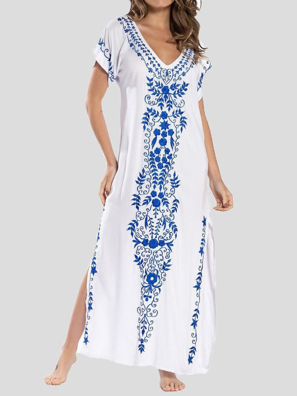 Women's Dresses Loose V-Neck Vintage Print Slit Maxi Dress - MsDressly