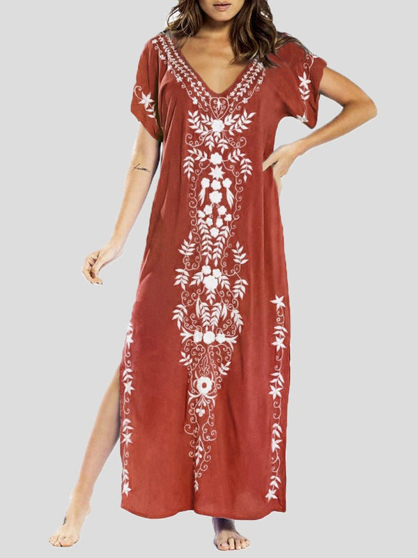 Women's Dresses Loose V-Neck Vintage Print Slit Maxi Dress - MsDressly