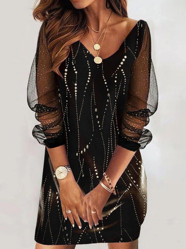 Women's Dresses Mesh Stitching V-Neck Long Sleeve Dress - Mini Dresses - Instastyled | Online Fashion Free Shipping Clothing, Dresses, Tops, Shoes - 20-30 - 23/12/2021 - color-black